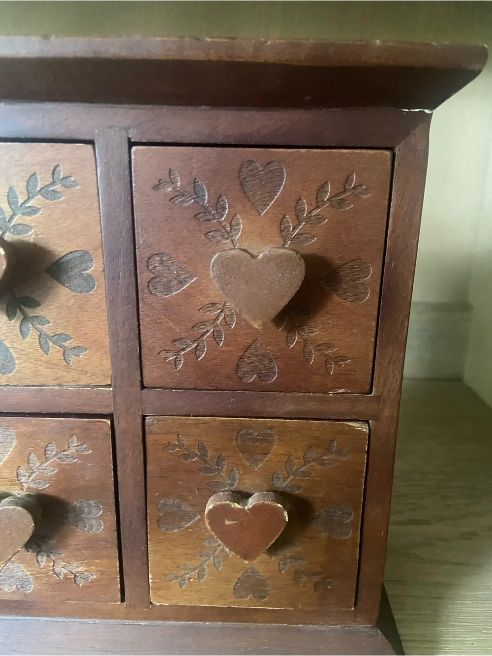 Vintage Solid Wood 4 Drawer Trinket Chest Herb Drawer Hand Carved Heart Folk Art